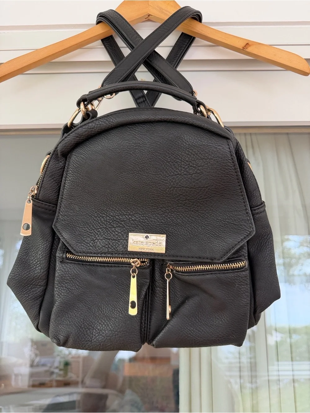 kate spade Black Pebbled Leather Mini Backpack with Gold Hardware